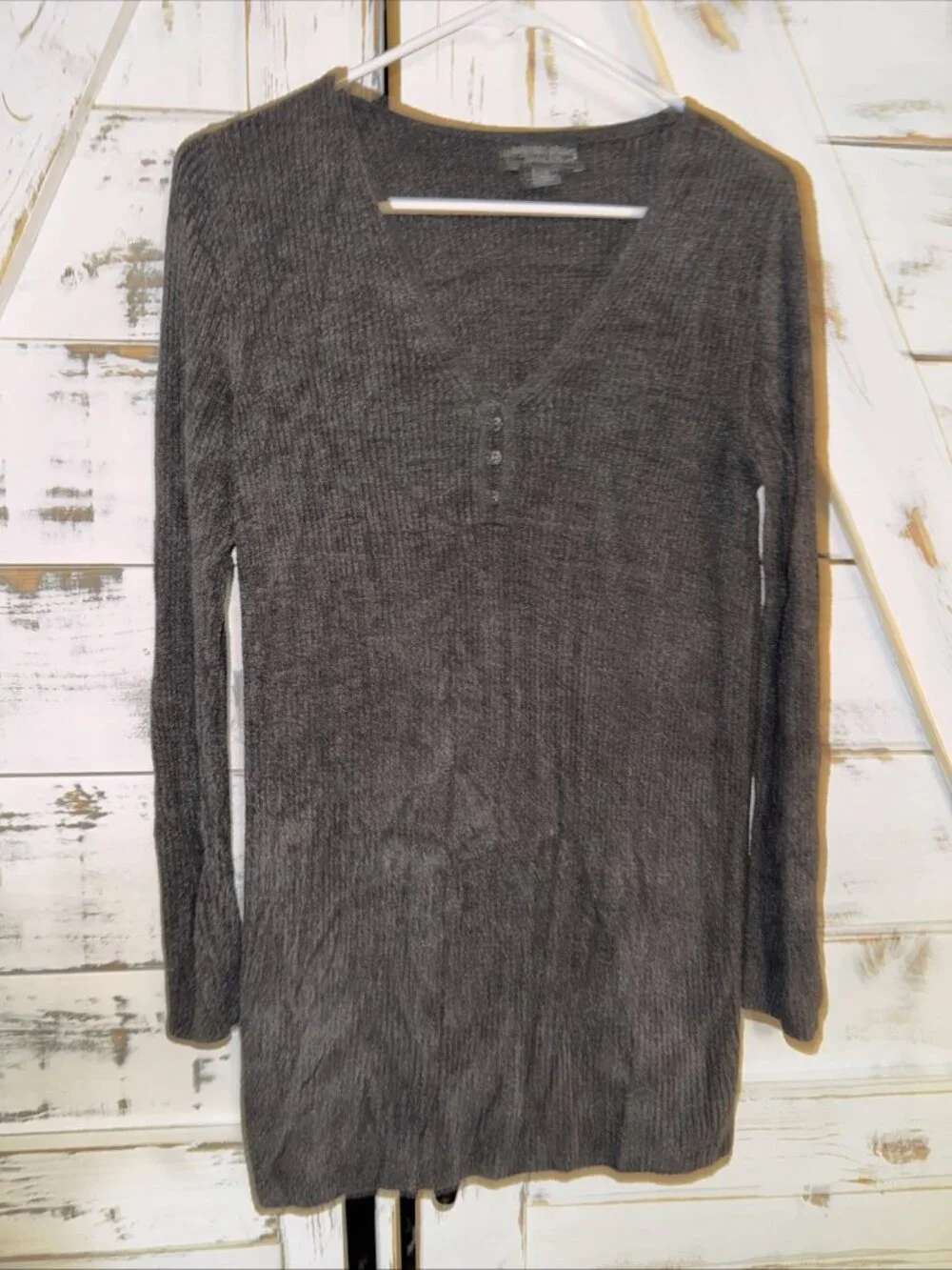 BAREFOOT DREAMS CozyChic Ultralite Henley Small Charcoal Gray Ribbed Sweater